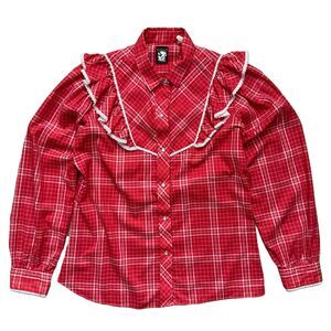 Vintage 70s Karman Western Shirt Pearl Snap Ruffle Shirt Women Size 36 13/14 Red